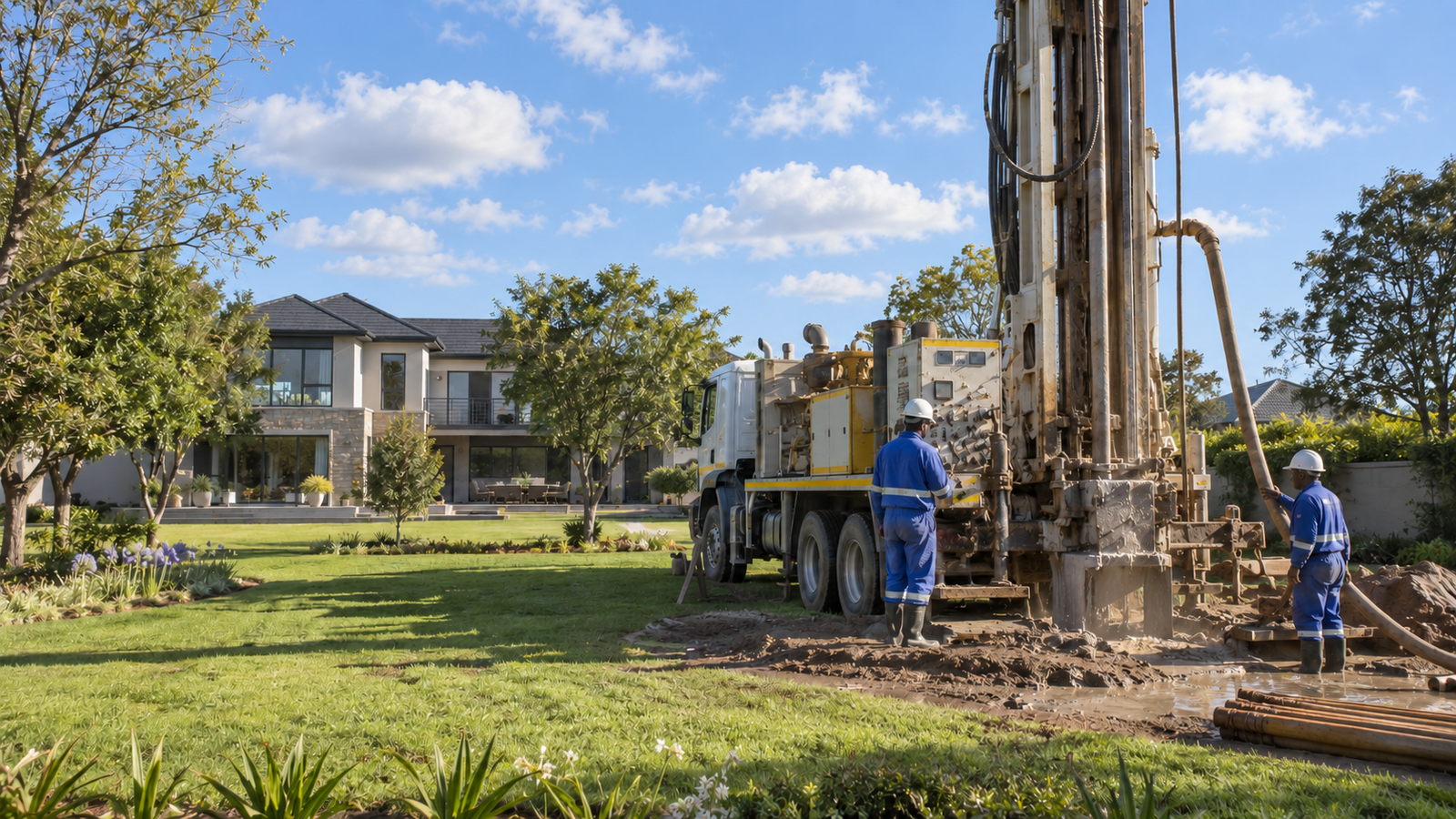 Illustrative residential borehole drilling scene